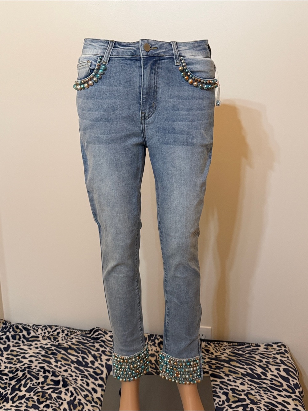 Boston Proper Beaded with Colorful Pearls Light Blue Women’s Jeans